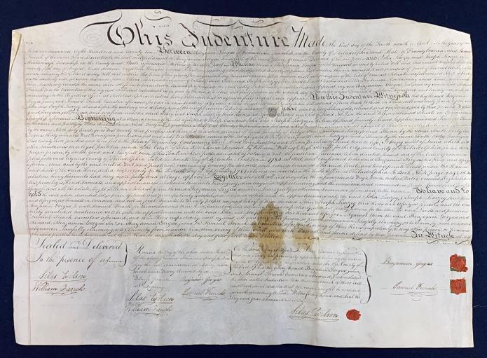1872 GERMANTOWN, PENNSYLVANIA LAND INDENTURE: BENJAMIN GORGAS & SAMUEL FRENCH TO JOHN & JOSEPH LIVEZEY. 8 SIGNATURES & 3 WAX SEALS, SOME SIGNED TWICE. SIGNATURES INCLUDE BENJAMIN GORGAS, SAMUEL FRENCH, SILAS WILSON, WILLIAM FRENCH, & OTHERS.