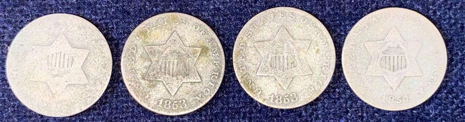 4 ANTIQUE SILVER 3 CENT NICKELS (1 of 3)
