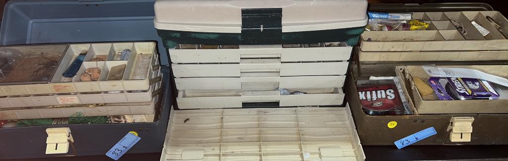 3 TACKLE BOXES, FISHING LURES, LINE, HOOKS ETC.: ~