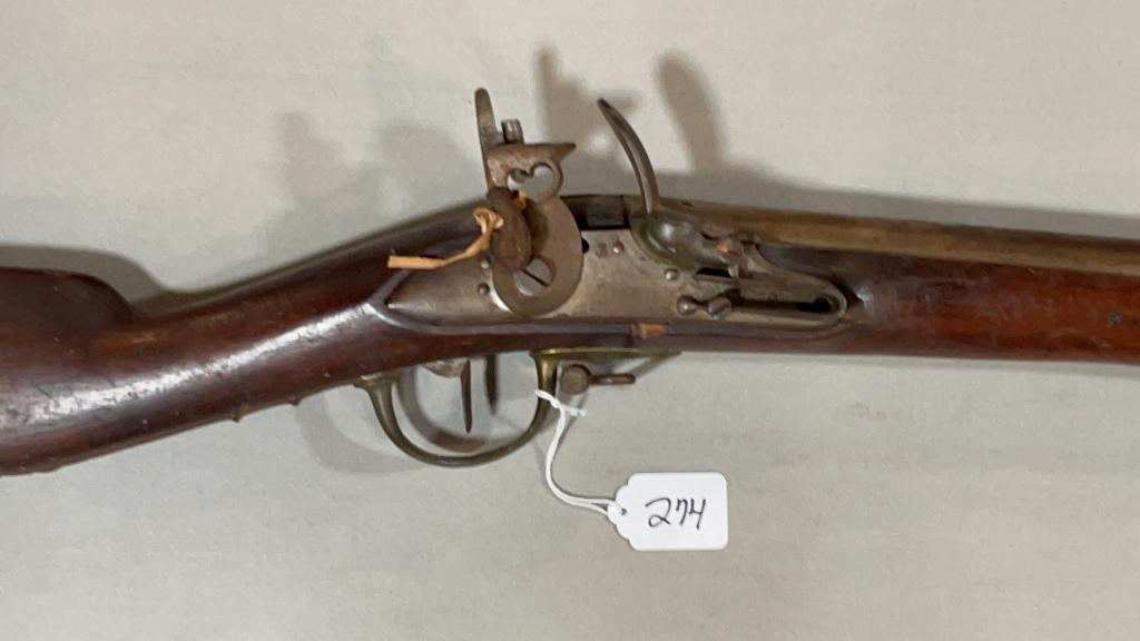 ANTIQUE 1812 FLINTLOCK RIFLE W/ BAYONETTE: HALLMARKED AJR, BRANDED STOCK