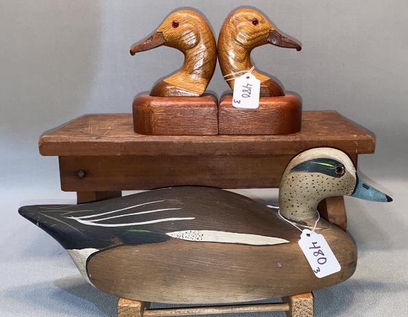 BALDPATE DECOY & PR DUCK HEAD BOOKENDS: JOE ROBINSON DUCK HEADS