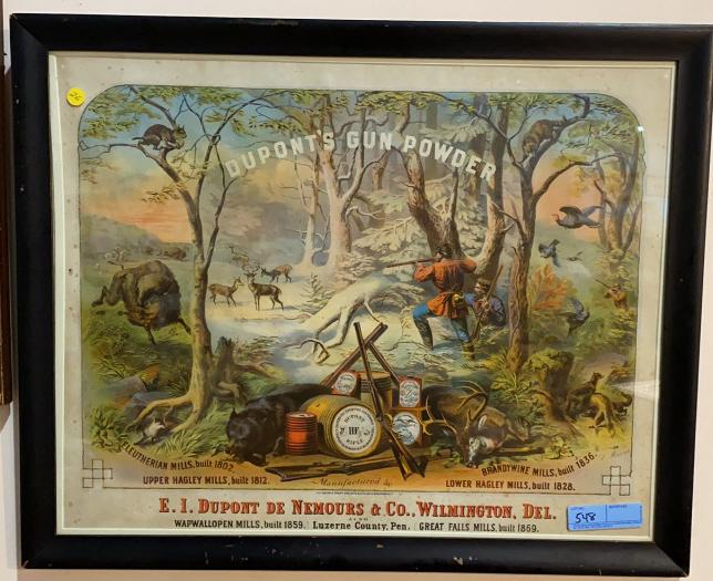 DUPONT GUNPOWDER POSTER AFTER LOUIS MAURER: PROVENANCE: WILLIAM K DUPONT COLLECTIONSOLD JULY OF 2021 AT COPLEY'S 2ND AUCTION OF WILLIAM K DUPONT'S COLLECTIONAPPEARS TO BE ORIGINAL GUNPOWDER ADVERTISING. 30" x 24 1/2"