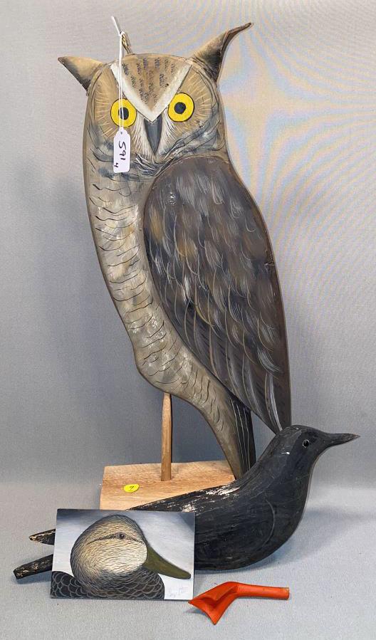 GEORGE STRUNK CARVED OWL, CROW, GOOSE FOOT &: PAINTED TILE OF BLACK DUCK