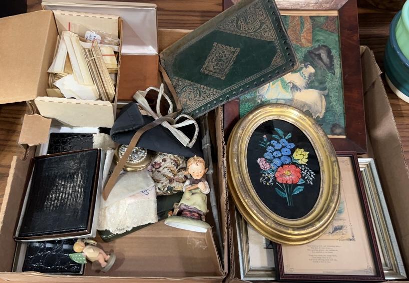 2 BOX LOTS OF ANTIQUE FRAMES, WALLETS FIGURES (1 of 6)