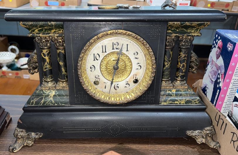 BLACK PAINTED & FAUX MARBLE MANTEL CLOCK (1 of 2)