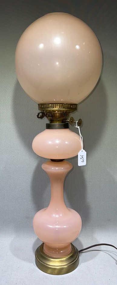 LARGE PINK GLASS BANQUET LAMP 26" HIGH: ~