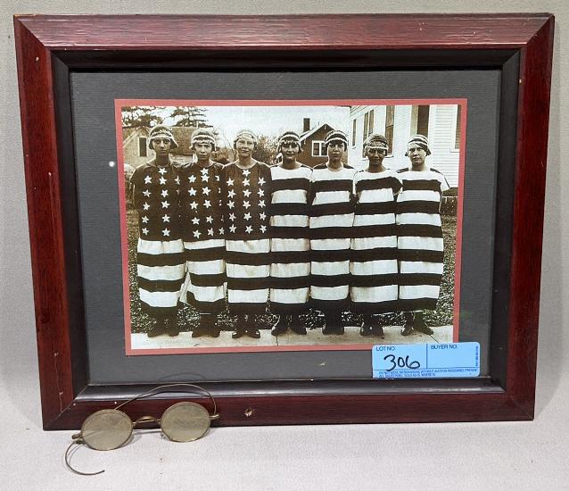 ANTIQUE EYEGLASSES & FRAMED PATRIOTIC PRINT: ~