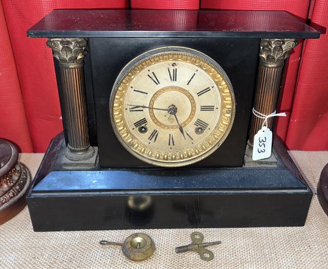 ANTIQUE ANSONIO METAL SHELF / MANTEL CLOCK: ~