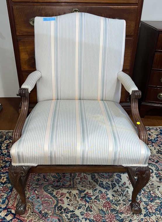 ANTIQUE GEORGIAN MAHOGANY GAINSBOROUGH CHAIR: ANTIQUE MAHOGANY BALL & CLAW OPEN ARM CHAIR WITH ROSEHEAD NAILS