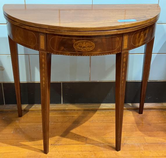 EAGLE INLAID MAHOGANY HALF ROUND GAME TABLE (1 of 5)