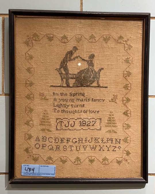 1927 FRAMED NEEDLEWORK SAMPLER: ~