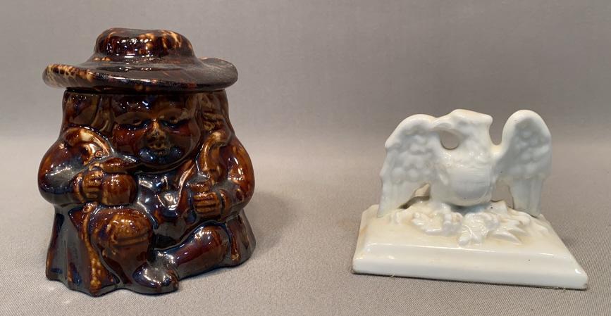 BENNINGTON FIGURAL SNUFF BOX & POTTERY EAGLE (1 of 6)