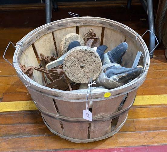 BASKET, VARIOUS TRAPS, PAPER MACHE DUCK HEADS: ETC.