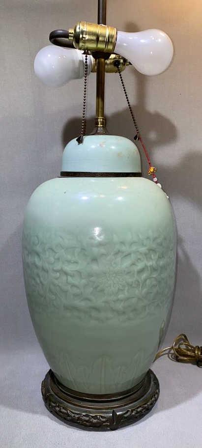 LARGE CELADON PORCELAIN JAR LAMP ~  29" (1 of 6)