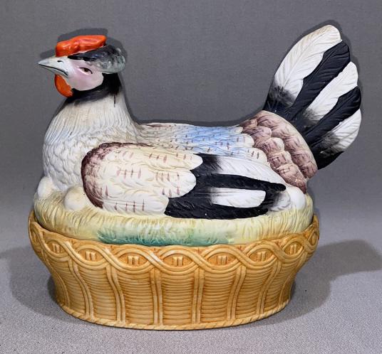 PORCELAIN HEN ON THE NEST: BOTTOM DISH 7" X 5 1/2" - OVERALL 7" HIGH