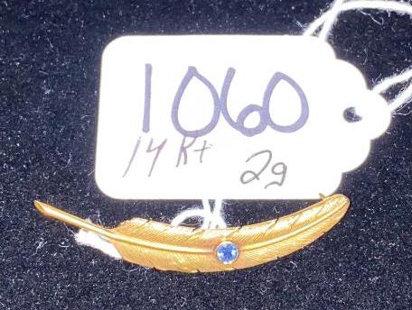 14KT GOLD FEATHER PIN W/ STONE ~ 2g (1 of 2)