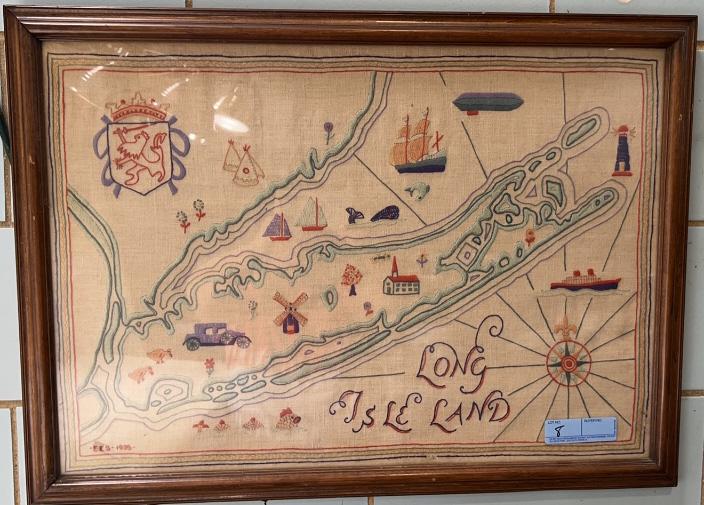 LONG ISLE LAND NEEDLEWORK SIGNED EES 1935: FRAME 29 3/4" X 21 3/4"