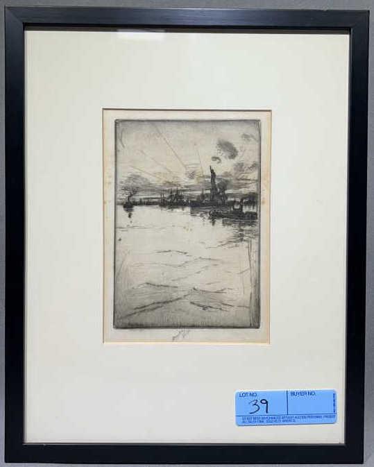 FRAMED ETCHING OF NEW YORK HARBOR SCENE (1 of 4)