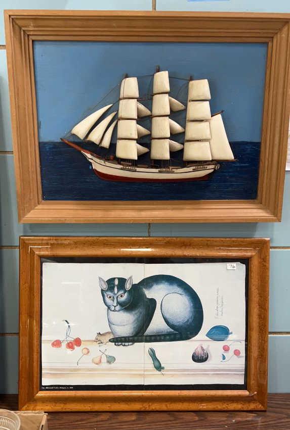 CARVED SHIP DIORAMA & CAT PRINT: ~