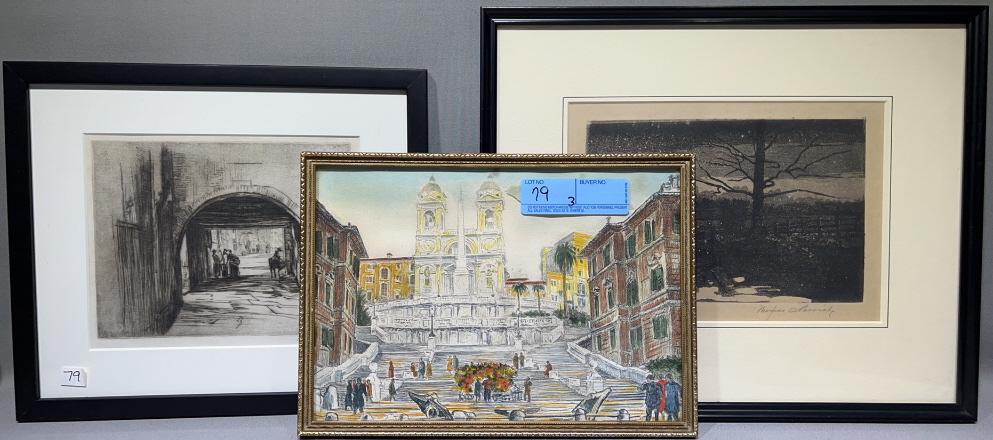 2 FRAMED ETCHINGS & WATERCOLOR PAINTING (1 of 6)
