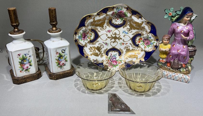 2 STEUBEN BOWLS & LOT OF QUALITY ANTIQUE SMALLS: HAND PAINTED LAMPS, HAND PAINTED ENGLISH BOWL, STAFFORDSHIRE BOWL IS DAMAGED
