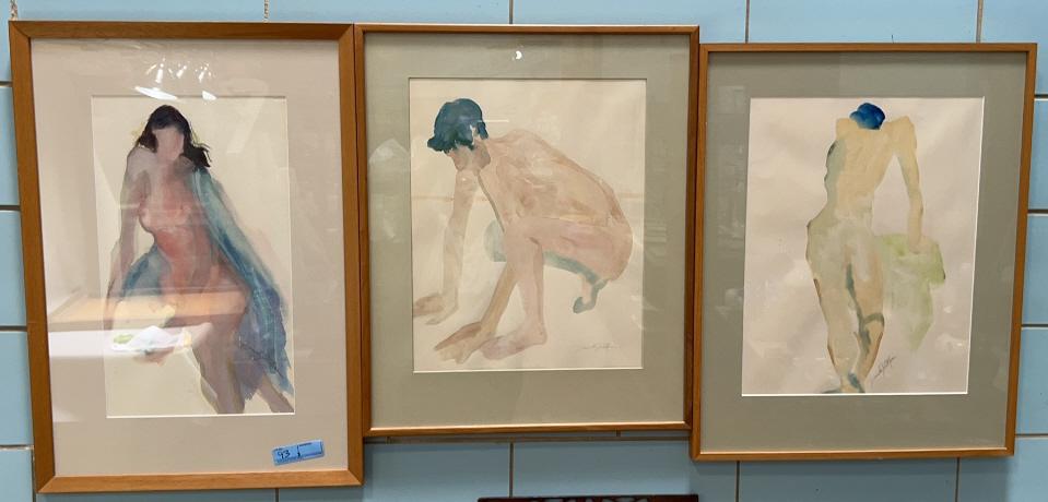 3 LARGE SIGNED ABSTRACT WATERCOLOR NUDE PAINTINGS: THERE ARE SOME GLARES FROM THE LIGHTING IN THE ROOM & FLASH