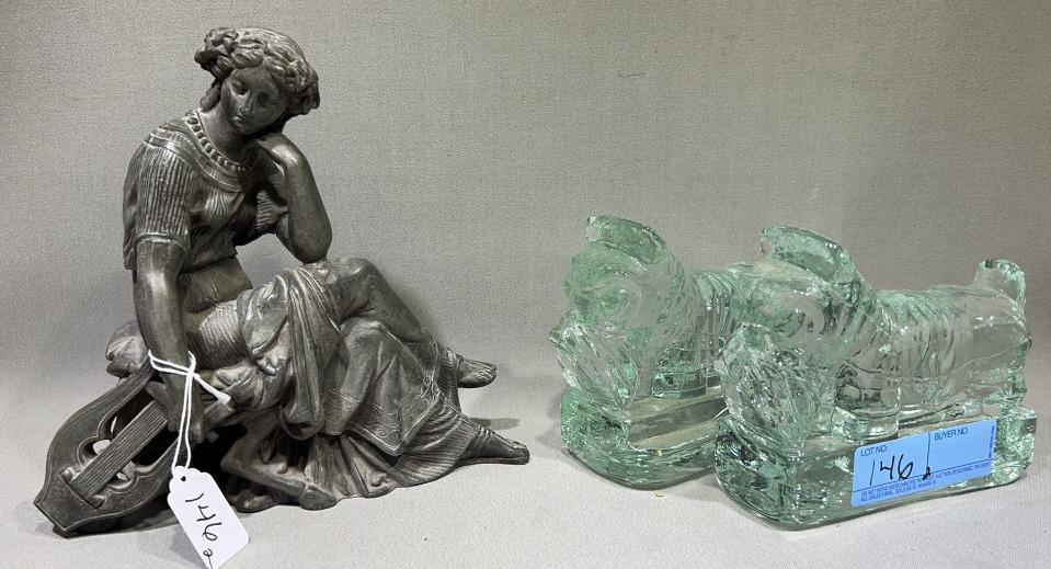 ANTIQUE FIGURAL CLOCK TOPPER & DOG BOOKENDS (1 of 5)