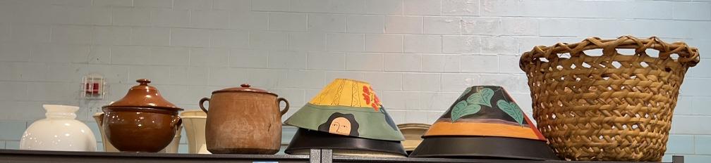 LARGE BASKET, PAINTED SHADES & POTTERY: ~
