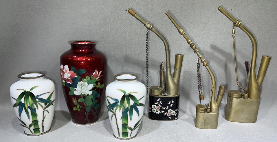 3 ORIENTAL ENAMEL VASES & 3 PIPES (1 of 5)