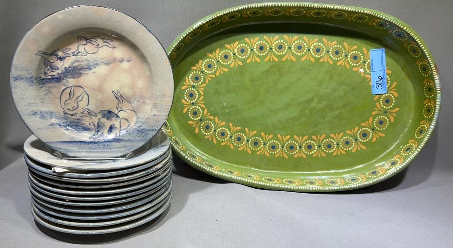 LARGE GREEN PLATTER AND 12 RABBIT PLATES (1 of 5)