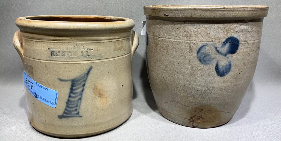 2 BLUE DECORATED STONEWARE CROCKS (1 of 4)