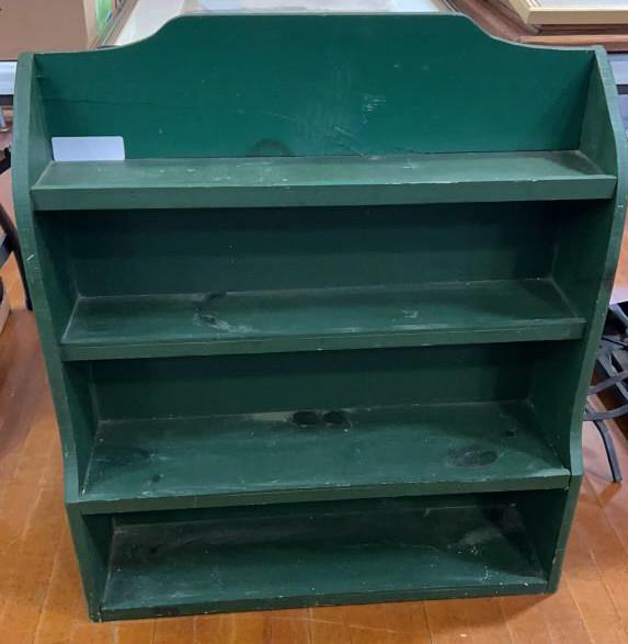 GREEN PAINTED BOOK/DISPLAY SHELF: 28" x 7" x 31" HIGH