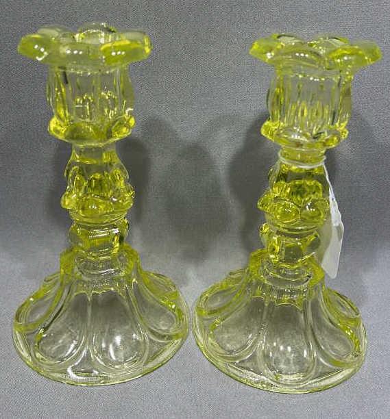 PAIR OF ANTIQUE SANDWICH GLASS CANDLESTICKS (1 of 3)