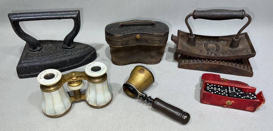 OPERA GLASSES, MINIATURE DOMINOES, FLAT IRON ETC. (1 of 5)