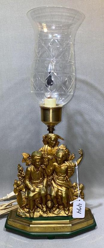 BRONZE CANDELABRA LAMP W/ 2 INDIANS & A TRAPPER: ~