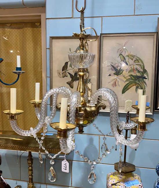CRYSTAL & BRASS 6 ARM CHANDELIER: ~