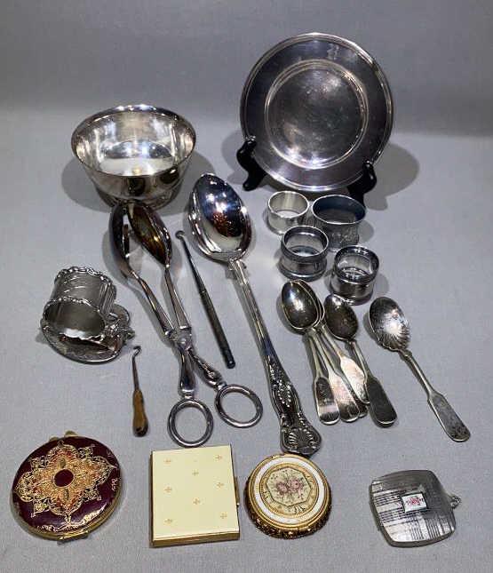 LOT OF SILVER PLATE & LADIES COMPACTS: ~
