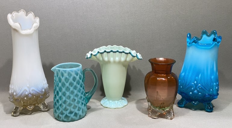 COLLECTION OF ART GLASS VASES & PITCHER: PITCHER HAS ROUGH EDGES THAT APPEAR TO BE IN THE MAKING ~ ORANGE VASE HAS CHIPS TO THE TOP & BOTTOM ~ PLEASE SEE PHOTOS FOR CONDITION