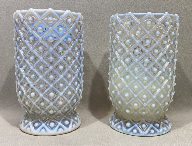 PAIR OF BLUE OPALESCENT ART GLASS VASES (1 of 4)