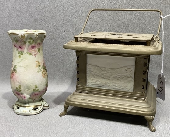 ANT. LITHOPANE LANTERN & ROYAL BAYREUTH TAPESTRY: HAT PIN HOLDER