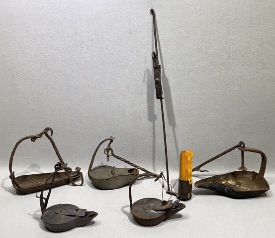 ANTIQUE IRON WHALE OIL LAMPS: ~