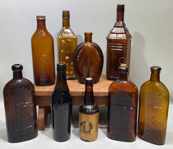 VARIOUS COLORED BOTTLES & FLASKS: ~