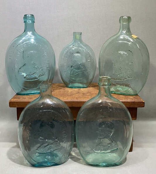 5 VARIOUS HISTORICAL FLASKS: 1 BOTTLE HAS SMALL CHIP TO RIM