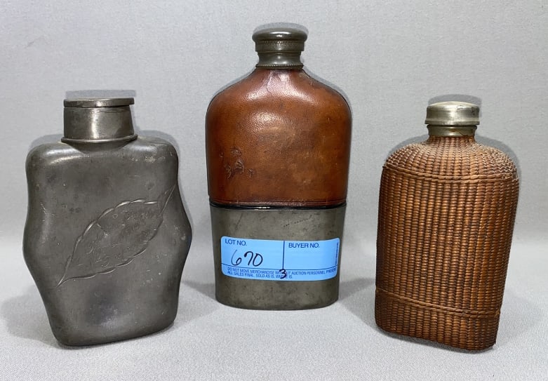 3 ANTIQUE FLASKS: TALLEST IS 7 1/4" HIGH