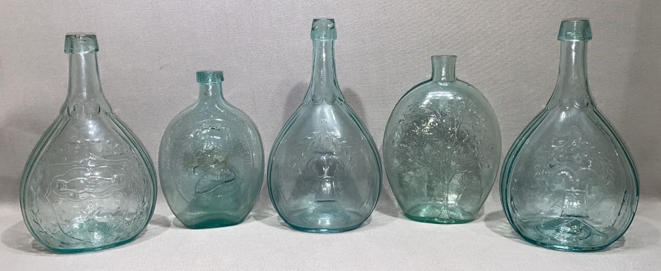 5 HAND BLOWN BOTTLES & FLASK LOT (1 of 7)