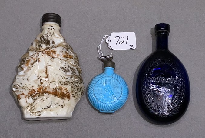 3 ANTIQUE GLASS FLASKS / BOTTLES: ~