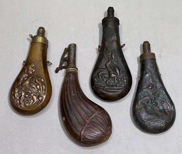 3 METAL & 1 LEATHER POWDER FLASKS (1 of 5)