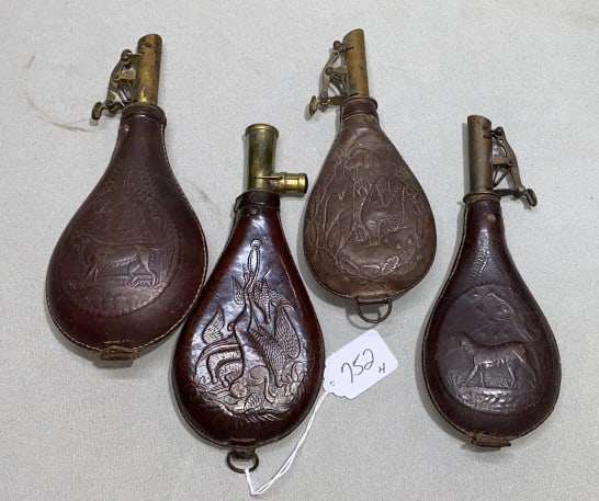 4 ANTIQUE LEATHER SHOT FLASKS (1 of 5)