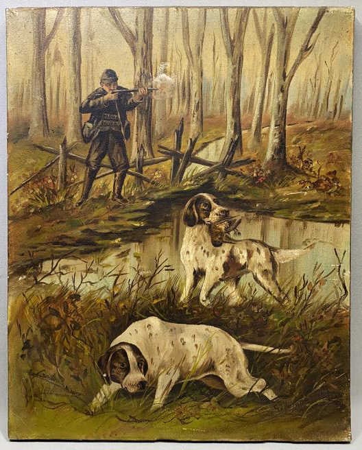 ANTIQUE OIL ON CANVAS OF A HUNTER & BIRD DOGS (1 of 9)