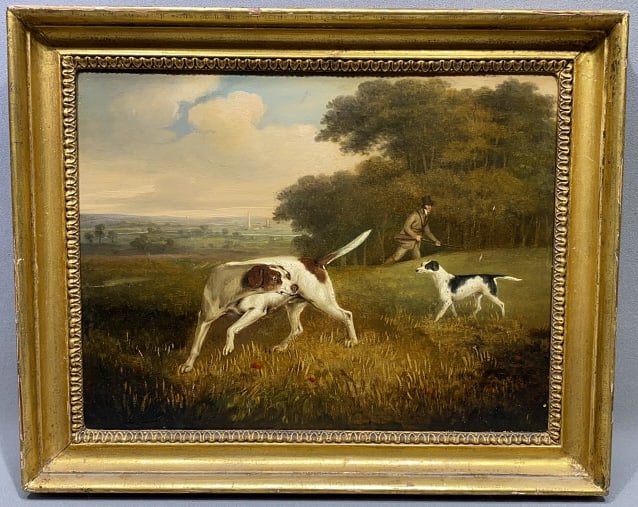 OIL ON BOARD PAINTING OF A HUNTER & BIRD DOGS (1 of 4)